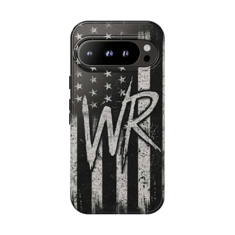 Patriotic monogram tough phone case featuring a distressed American flag design and the initials WR by Printify.