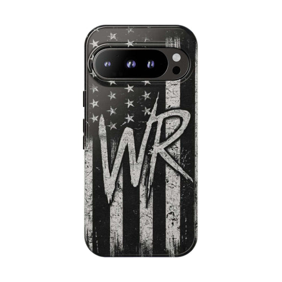 Patriotic monogram tough phone case featuring a distressed American flag design and the initials WR by Printify.