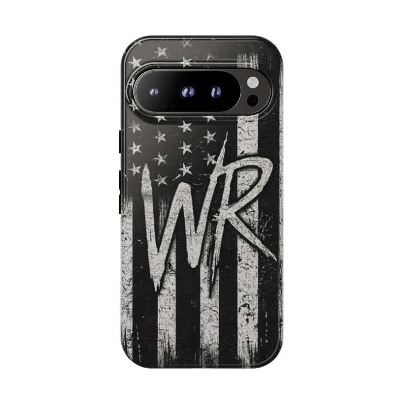 Patriotic monogram tough phone case featuring a distressed American flag design and the initials WR by Printify.