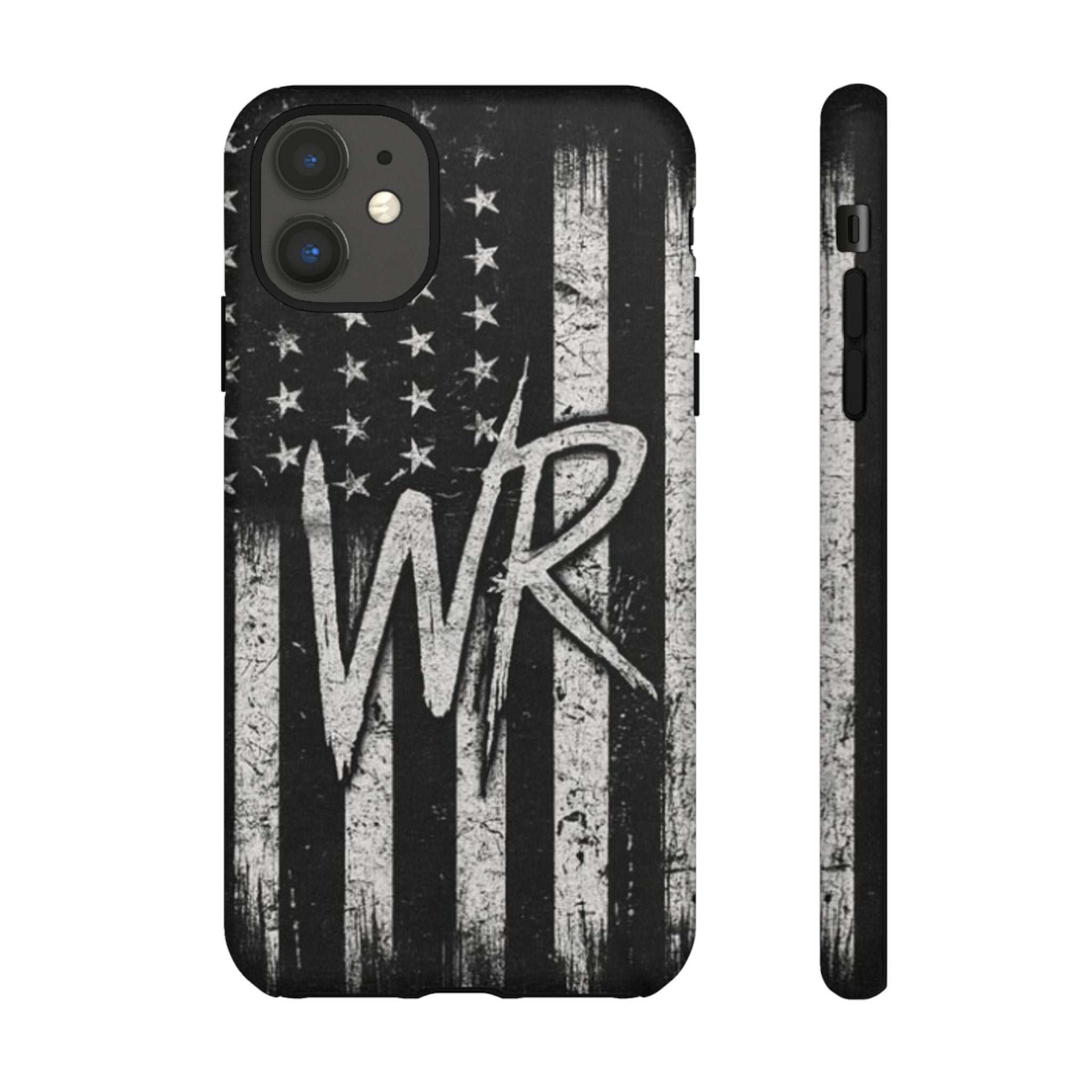 Patriotic monogram tough phone case featuring a distressed American flag design and initials WR by Printify.