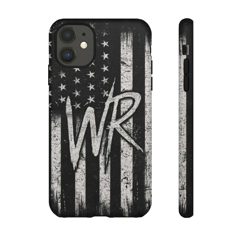 Patriotic monogram tough phone case featuring a distressed American flag design and initials WR by Printify.