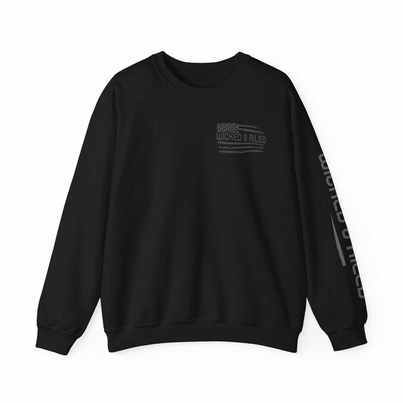 Wicked Americana crewneck sweatshirt featuring a bold Wicked Flag design by Printify in a casual setting.