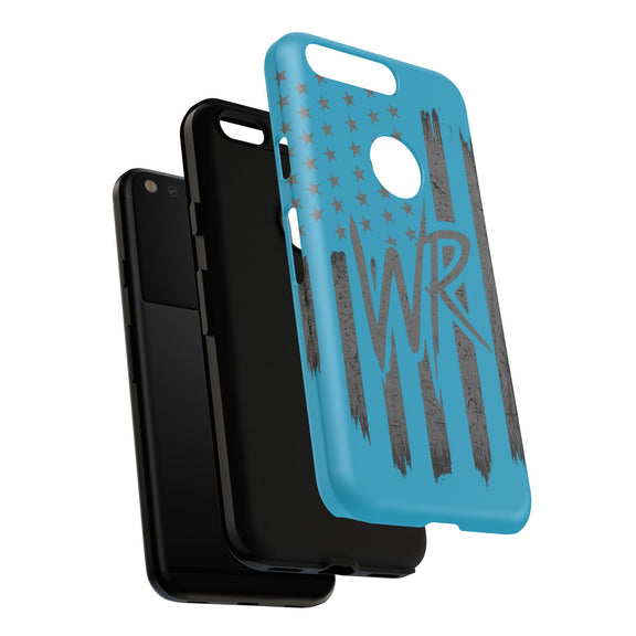 Patriotic blue 'WR' flag tough phone case by Printify with durable design and vibrant flag pattern.