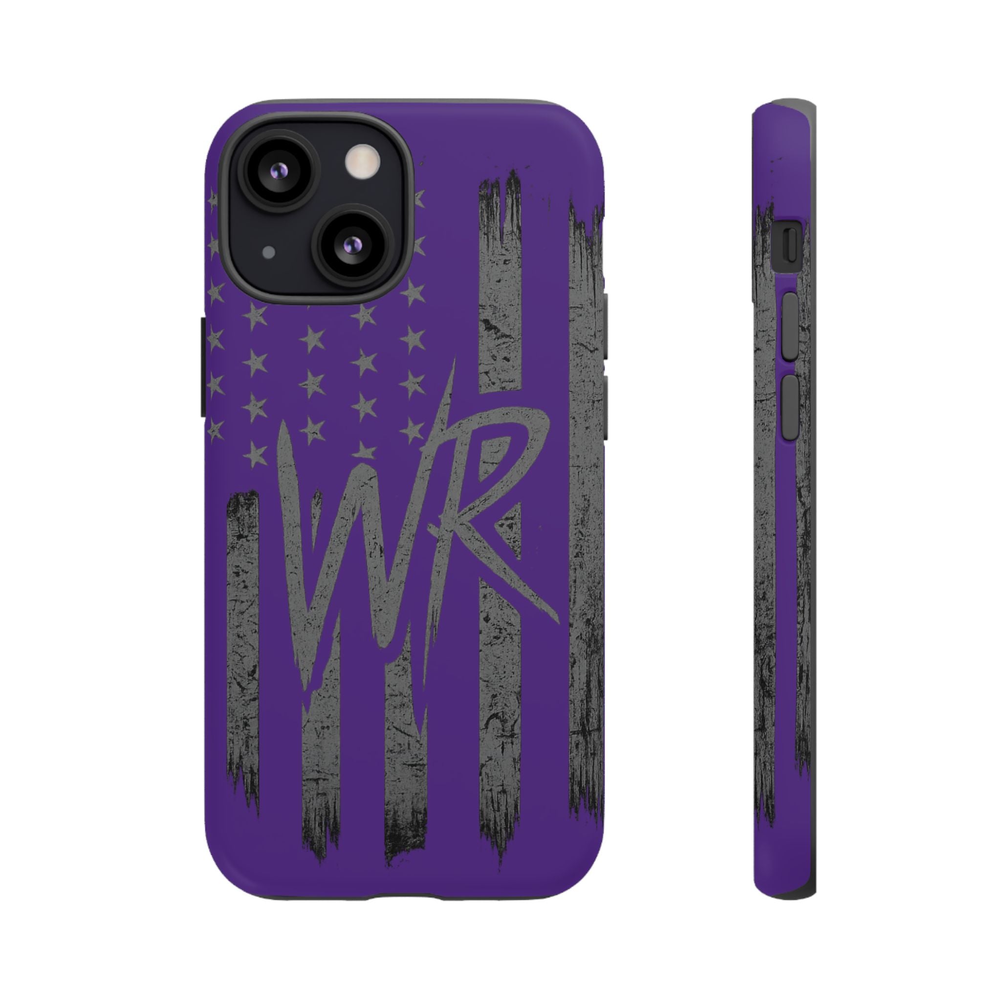 Purple 'WR' flag tough phone case by Printify, showcasing durable design and vibrant colors on a sleek device.