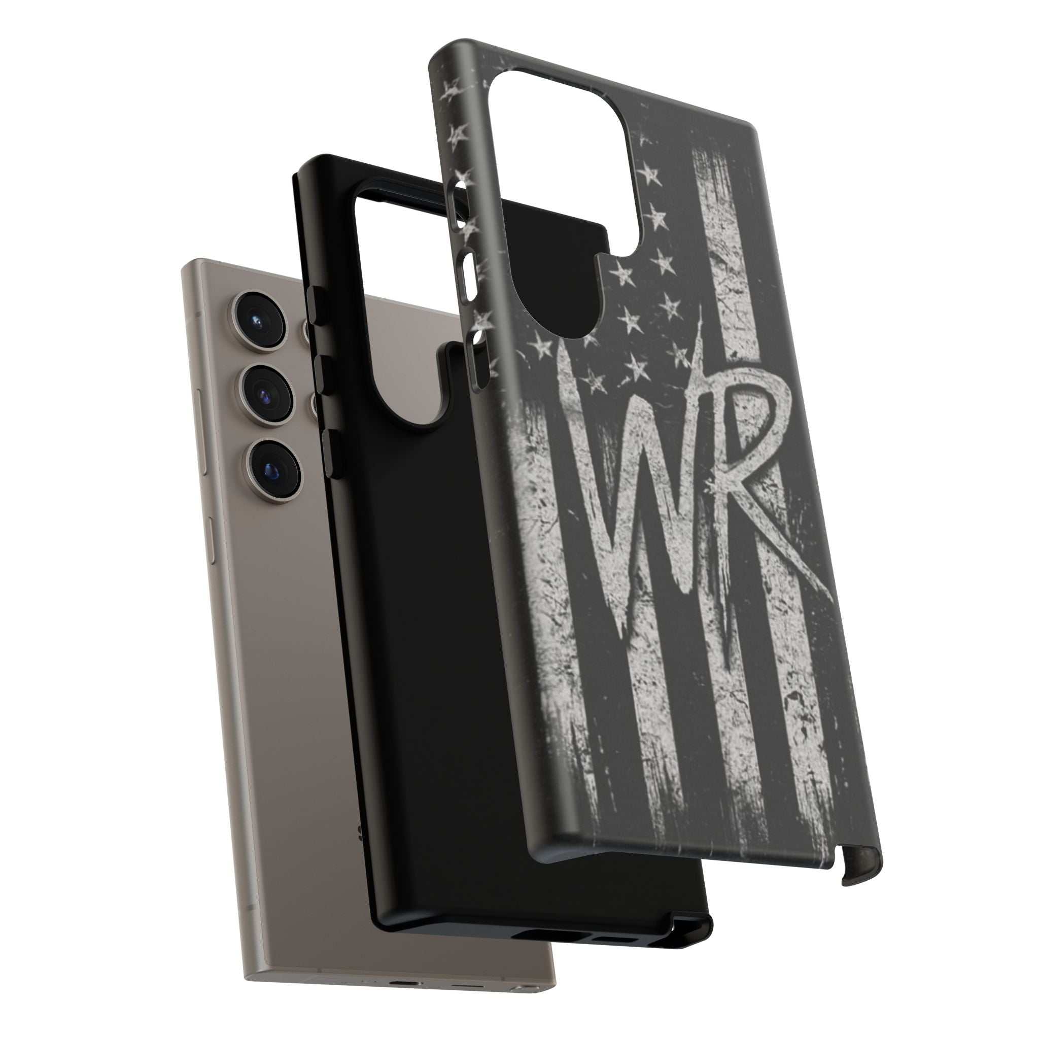 Distressed American flag phone case with WR monogram design by Printify, showcasing a tough exterior for protection.