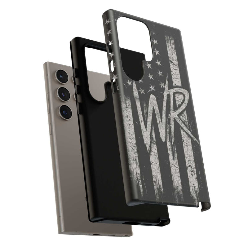 Distressed American flag phone case with WR monogram design by Printify, showcasing a tough exterior for protection.