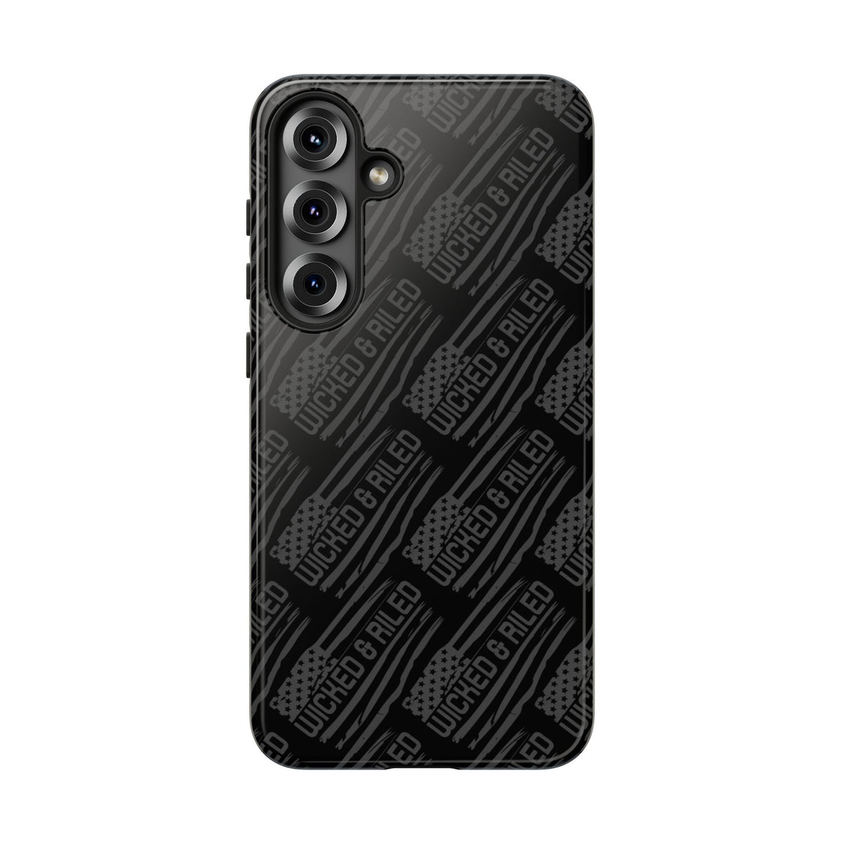 Rugged black protective phone case by Printify with a textured "TOUGH CASES" pattern for added grip and durability.