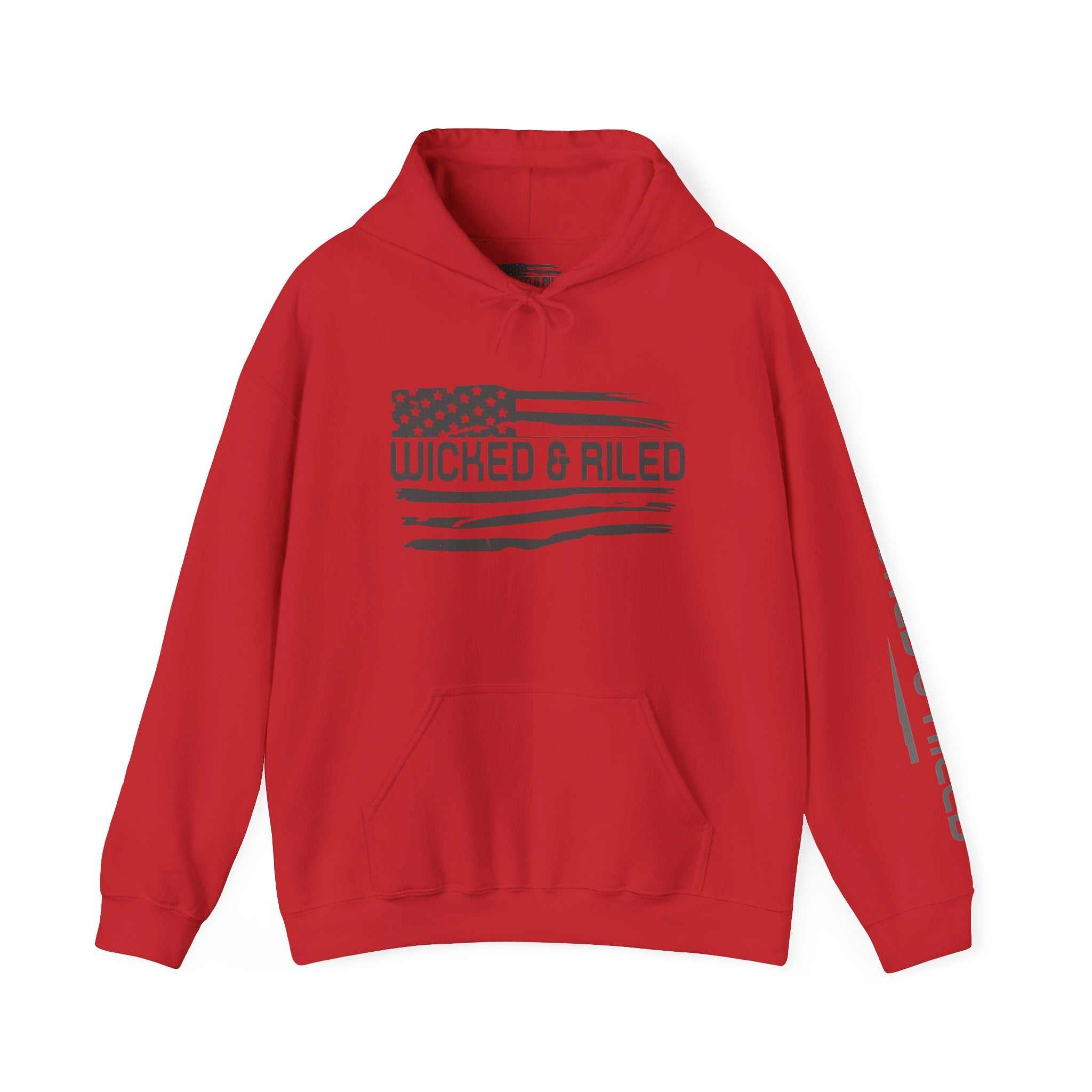 Distressed American logo on a Wicked & Riled pullover hoodie by Printify, featuring a relaxed fit and cozy fabric.