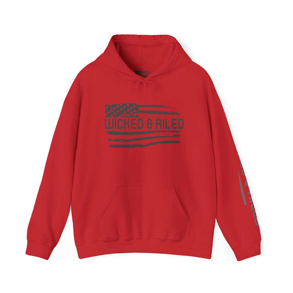 Distressed American logo on a Wicked & Riled pullover hoodie by Printify, featuring a relaxed fit and cozy fabric.