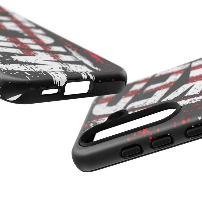 Distressed American flag phone case with "VETERAN" graphic by Printify, showcasing rugged patriotic protection design.