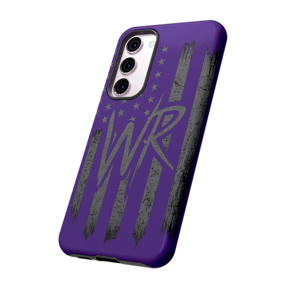 Purple 'WR' flag design on a durable Printify phone case, showcasing its tough exterior and stylish look.