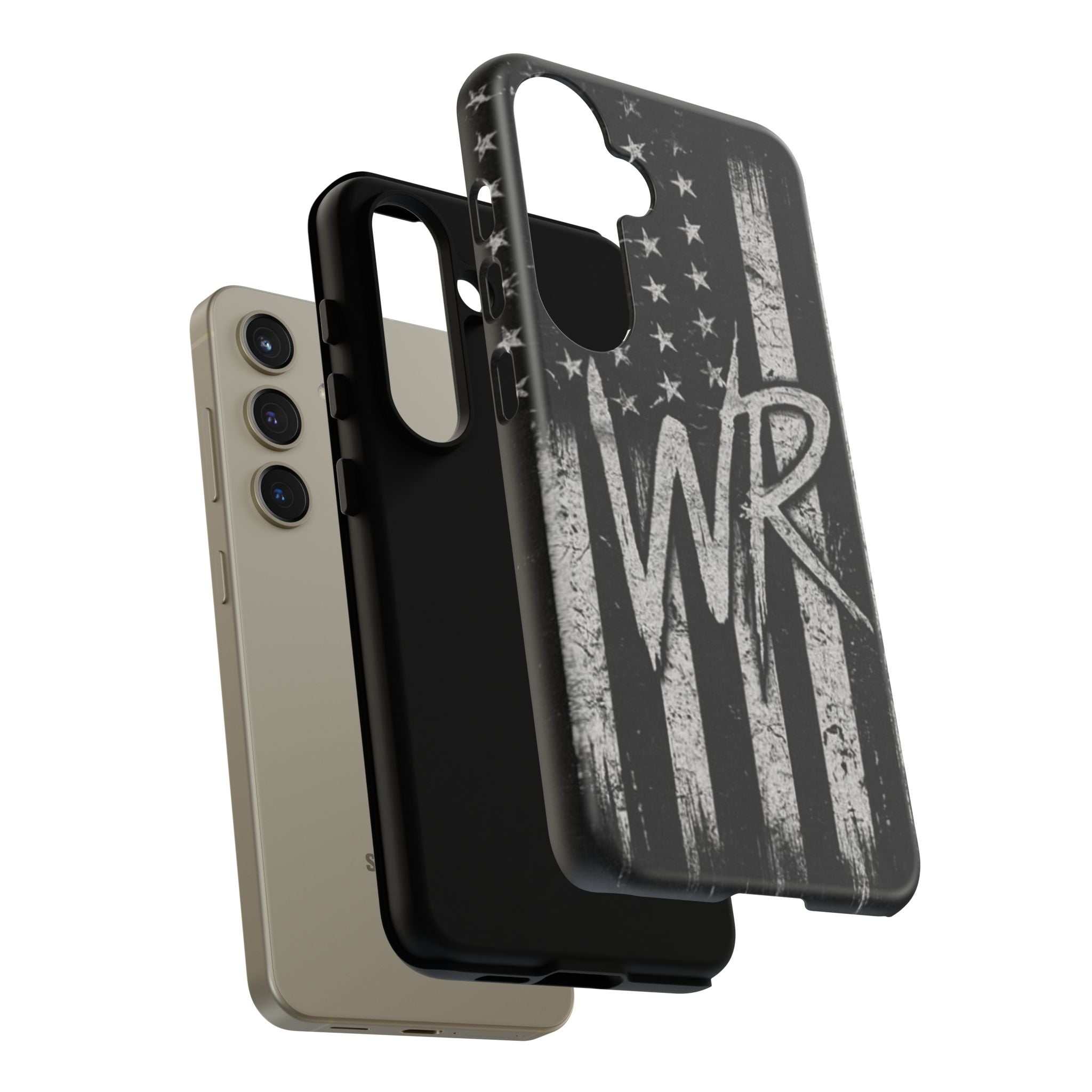 Distressed American flag design on a tough phone case with a monogram WR by Printify.