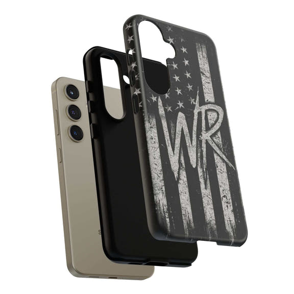 Distressed American flag design on a tough phone case with a monogram WR by Printify.