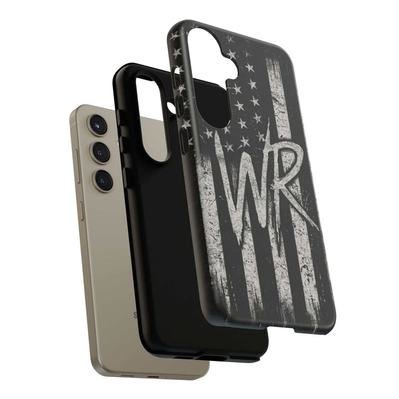 Distressed American flag design on a tough phone case with a monogram WR by Printify.