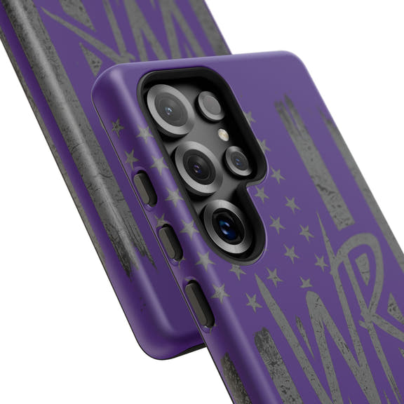 Purple 'WR' flag design tough phone case by Printify, showcasing rugged protection and vibrant colors.