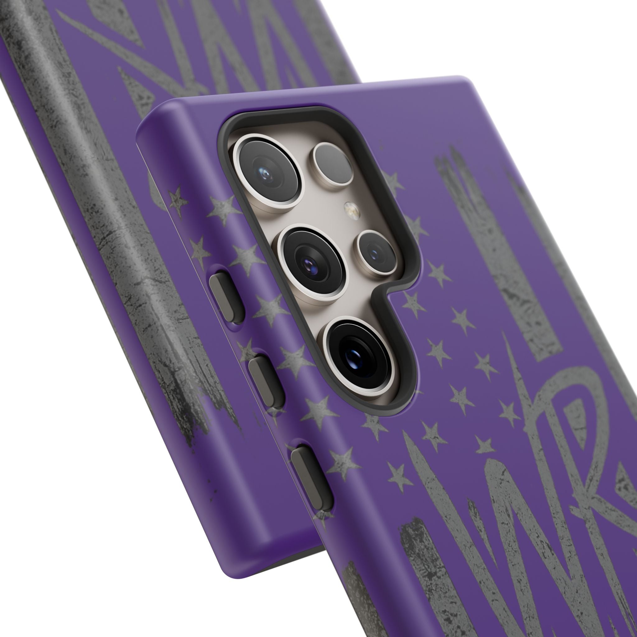 Purple 'WR' flag tough phone case by Printify with durable design and vibrant colors displayed on a white background.