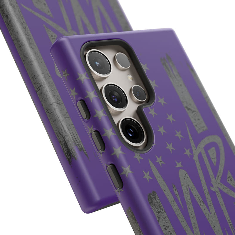 Purple 'WR' flag tough phone case by Printify with durable design and vibrant colors displayed on a white background.