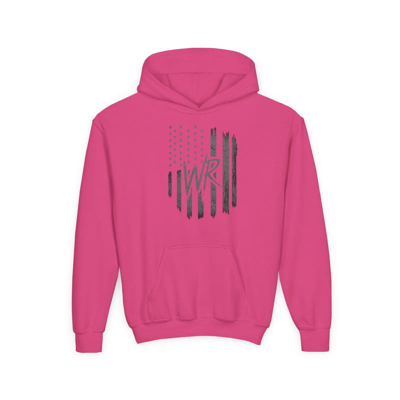 Youth Hoodie Distressed American Flag with Initials 'WR' - Wicked & Riled Clothing