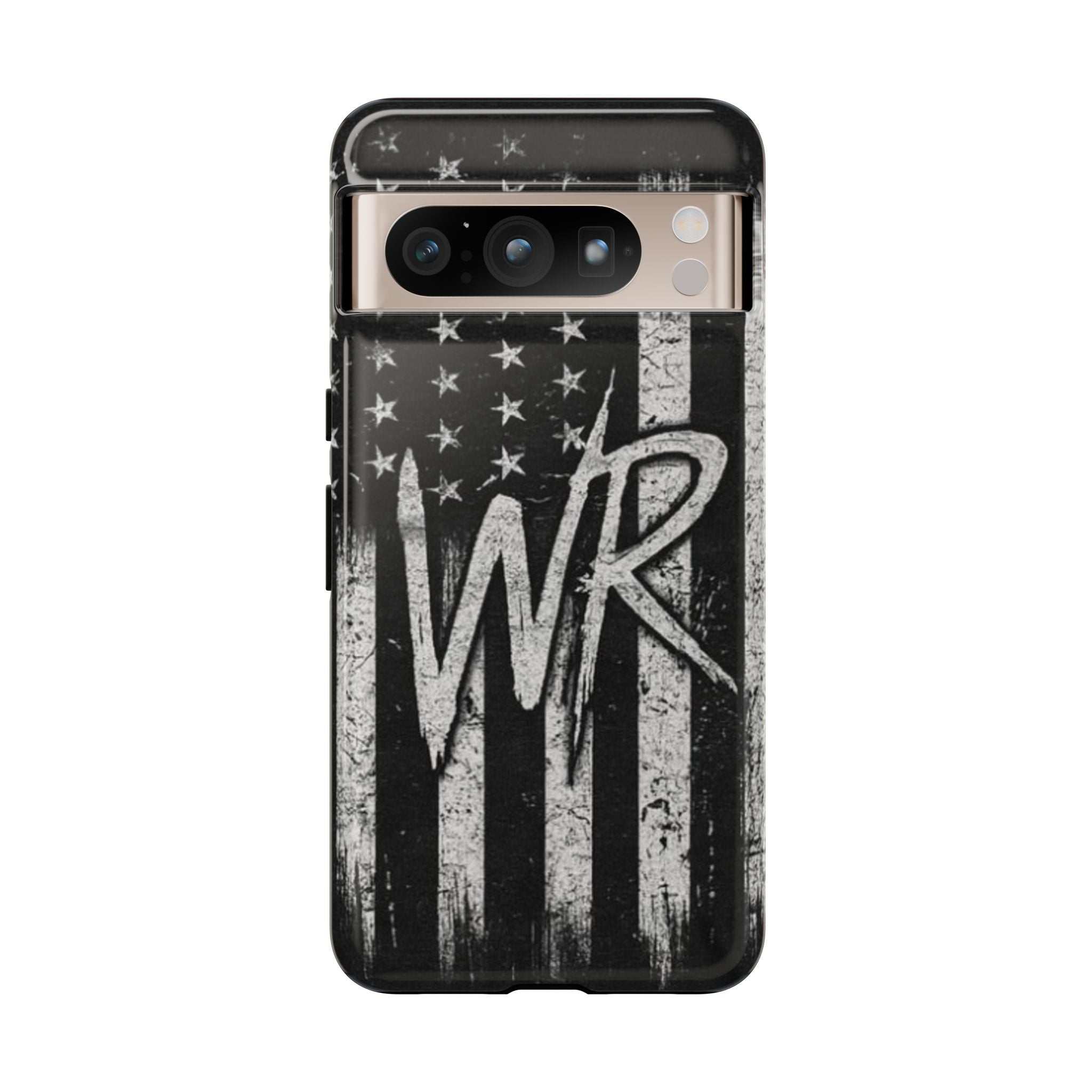 Patriotic monogram tough phone case featuring a distressed American flag design and the letters WR by Printify.