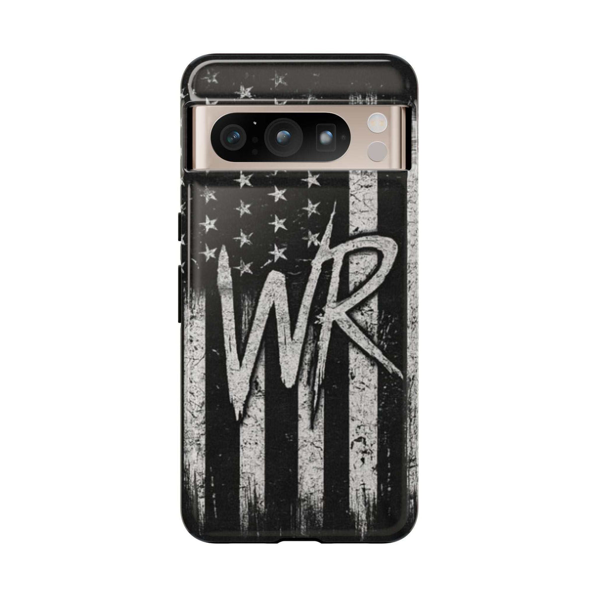 Patriotic monogram tough phone case featuring a distressed American flag design and the letters WR by Printify.