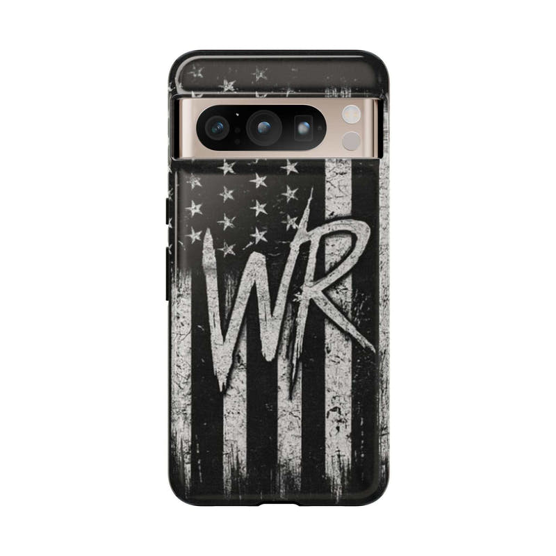Patriotic monogram tough phone case featuring a distressed American flag design and the letters WR by Printify.