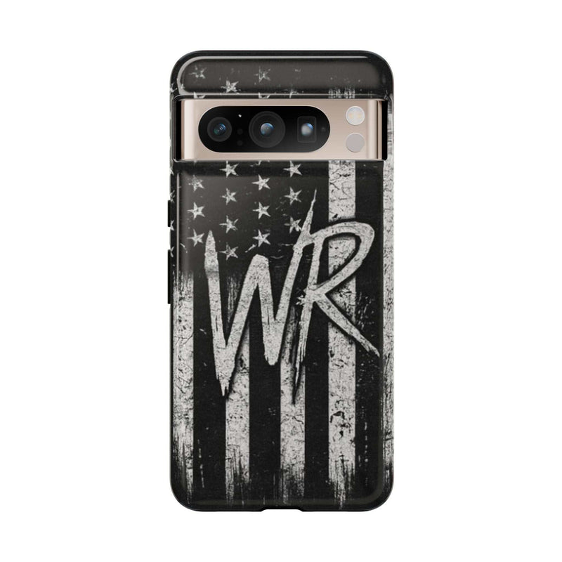 Patriotic monogram tough phone case featuring a distressed American flag design and the letters WR by Printify.