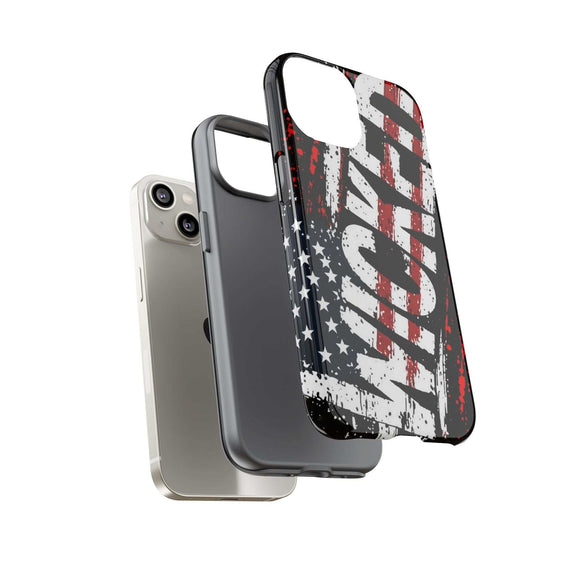 Distressed American flag phone case with "VETERAN" graphic by Printify, showcasing rugged patriotic design and protection.