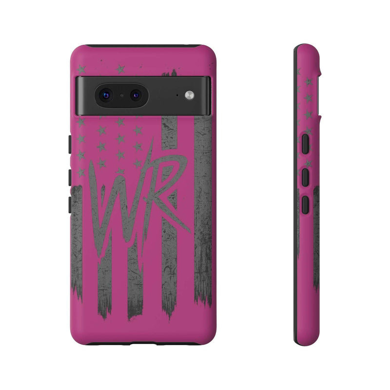 Pink 'WR' Flag Tough Phone Case by Printify, showcasing a durable design with a vibrant flag pattern.