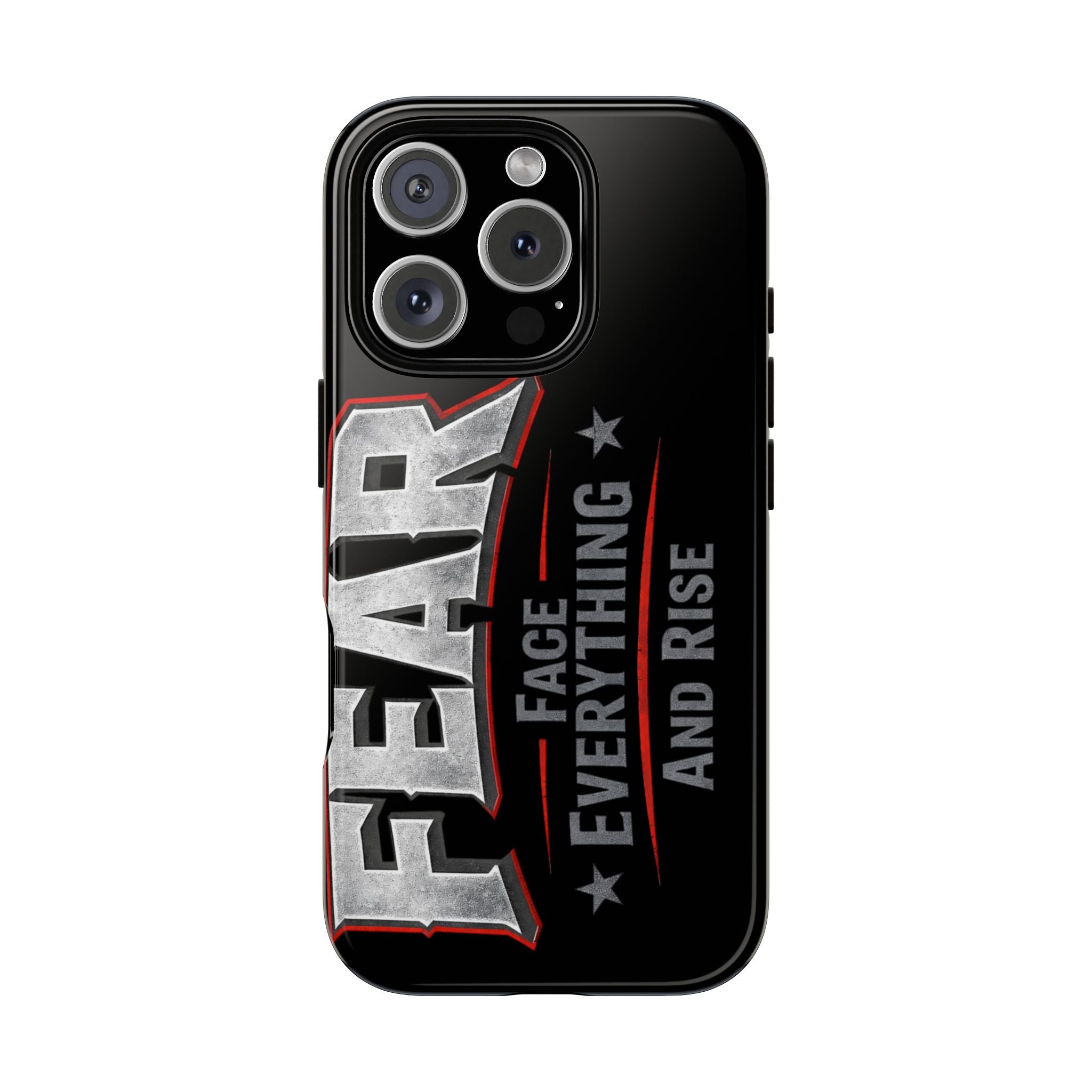 Fear phone case by Printify featuring a motivational design with the phrase "Face Everything and Rise."