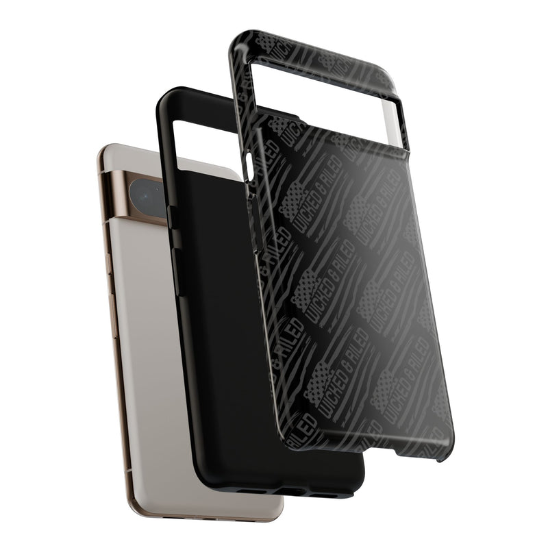 Rugged black protective phone case with "TOUGH CASES" text pattern by Printify, showcasing durable design and texture.