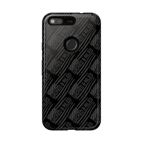 Rugged black protective phone case by Printify with a TOUGH CASES text pattern, showcasing durability and style.