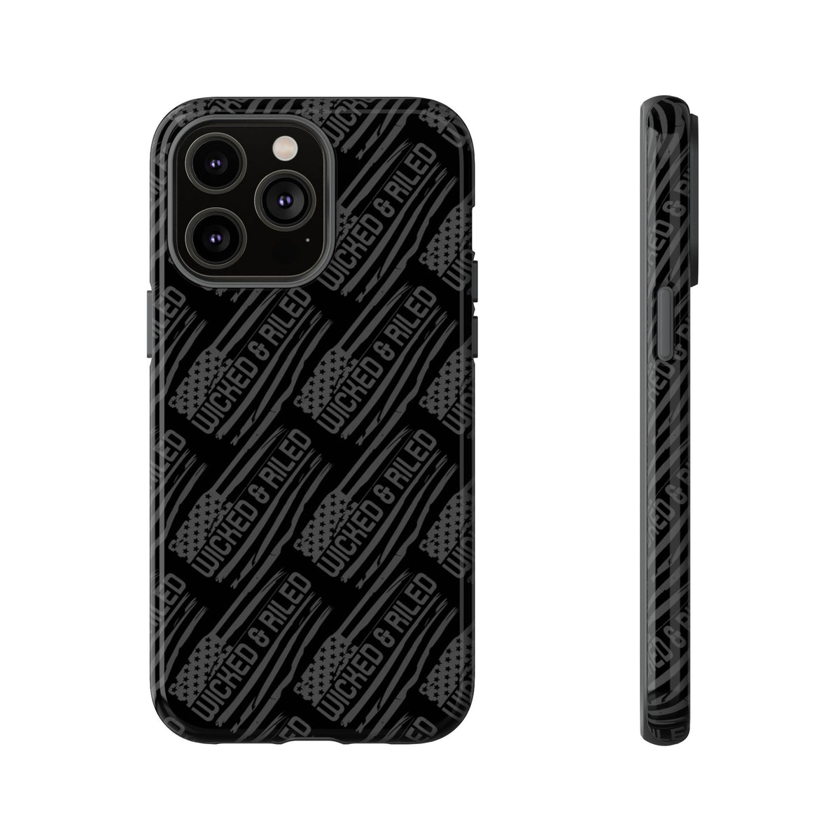Rugged black protective phone case by Printify featuring a textured 'TOUGH CASES' pattern for enhanced grip and durability.