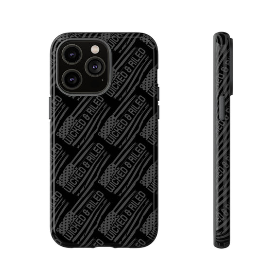 Rugged black protective phone case by Printify featuring a textured 'TOUGH CASES' pattern for enhanced grip and durability.