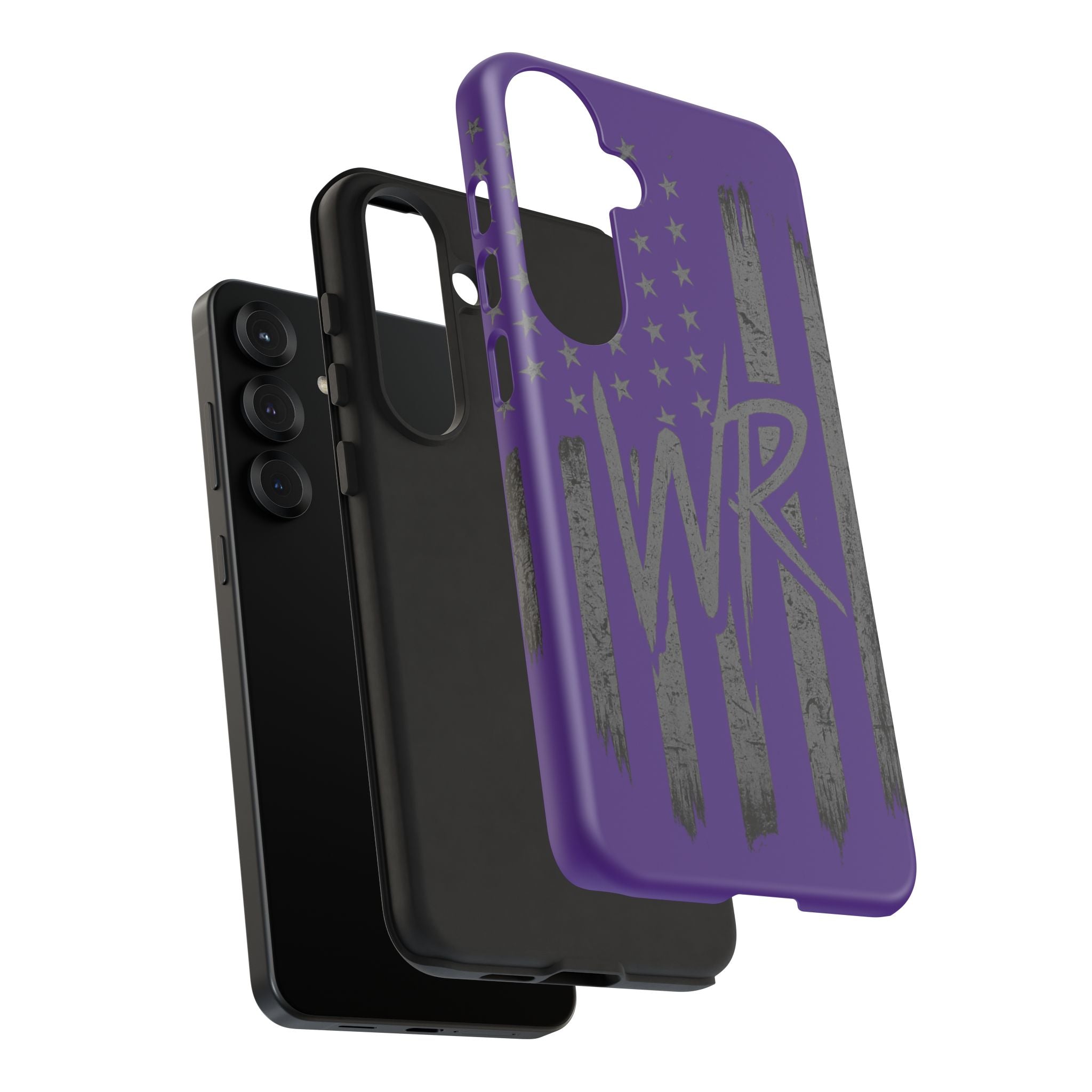 Purple 'WR' flag tough phone case by Printify, featuring a durable design and vibrant colors, ideal for protection.