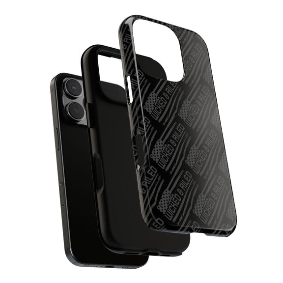 Rugged black protective phone case by Printify with a text pattern reading "TOUGH CASES" on a smartphone.