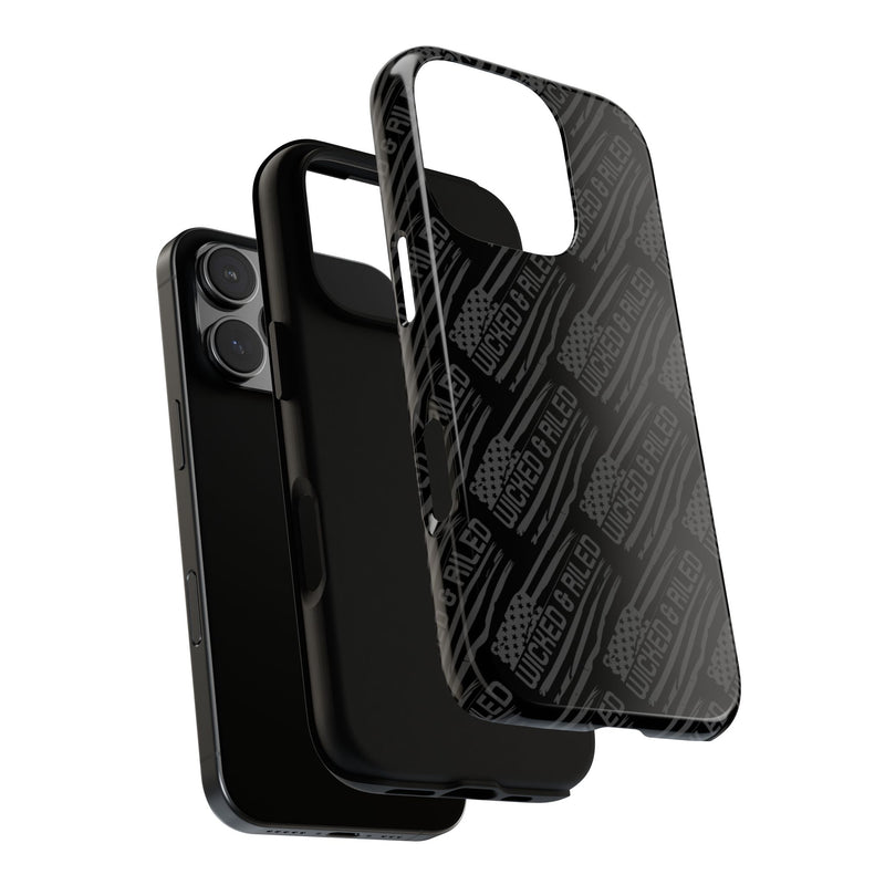 Rugged black protective phone case by Printify with a text pattern reading "TOUGH CASES" on a smartphone.