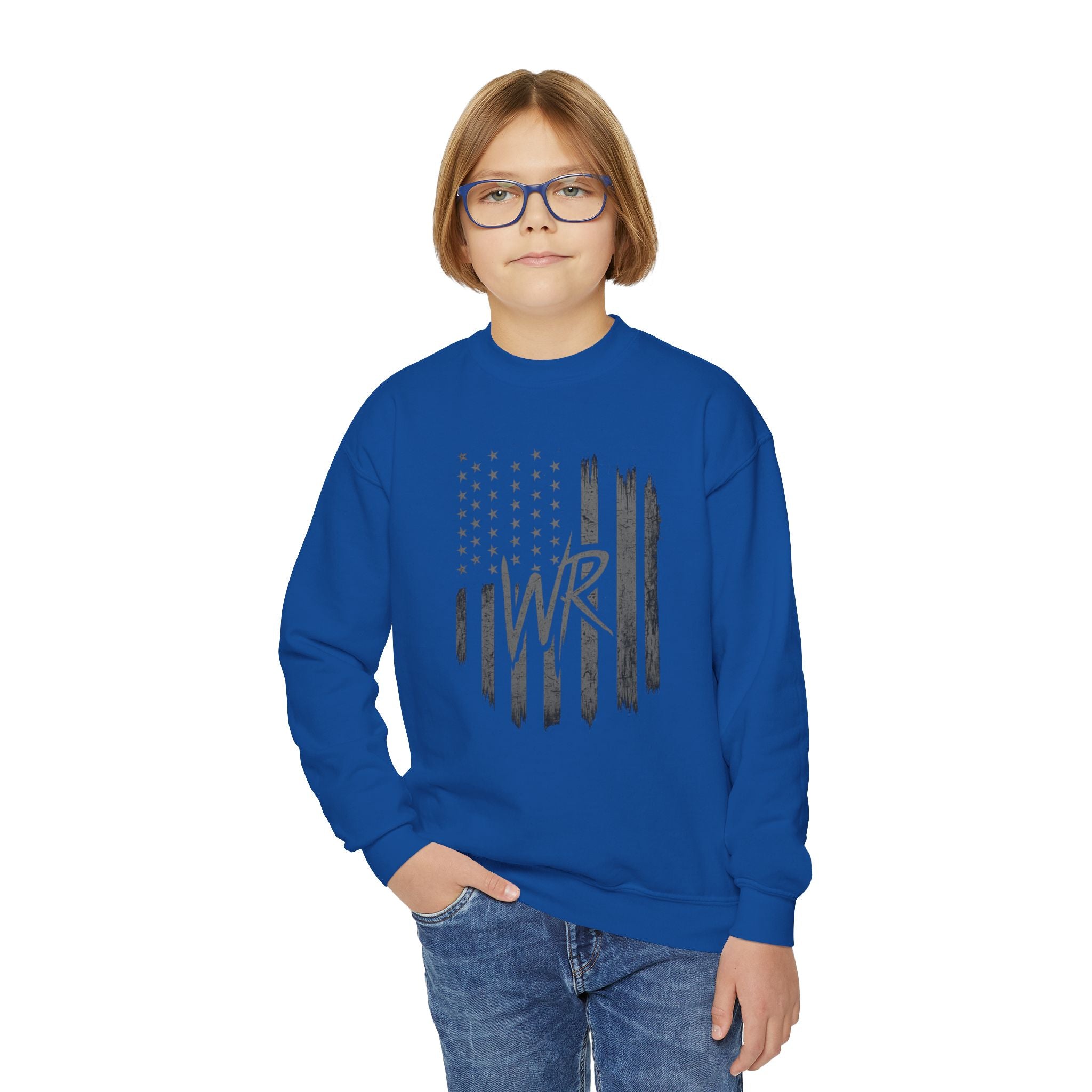 Youth Crewneck Sweatshirt Distressed American Flag with 'WR' Logo