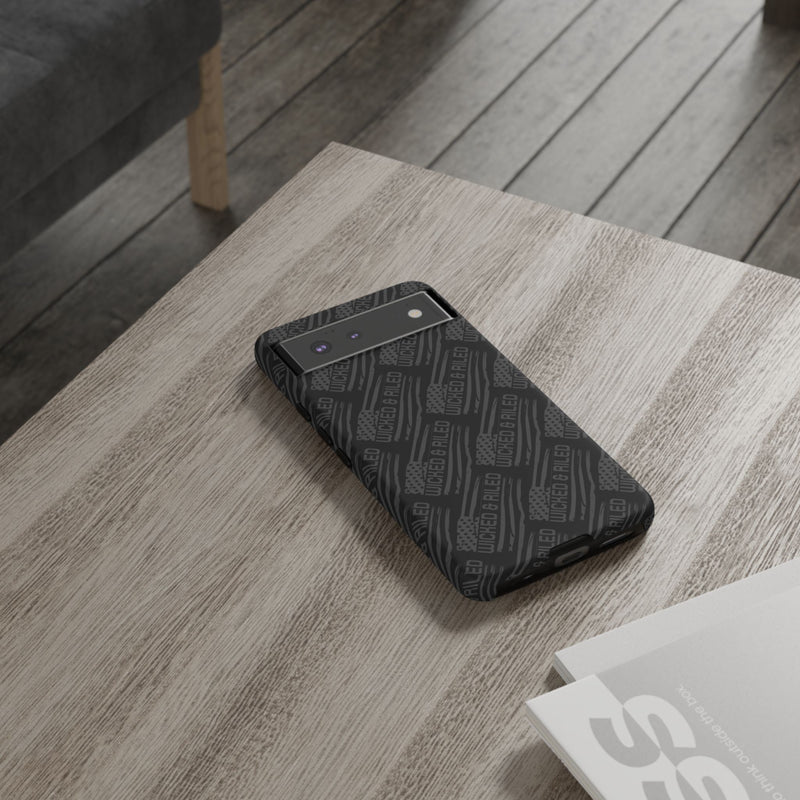 Rugged black protective phone case by Printify with a textured "TOUGH CASES" pattern for added grip and durability.