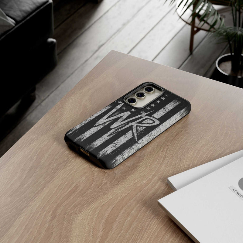 Distressed American flag design on a Patriotic Monogram Tough Phone Case featuring initials WR by Printify.