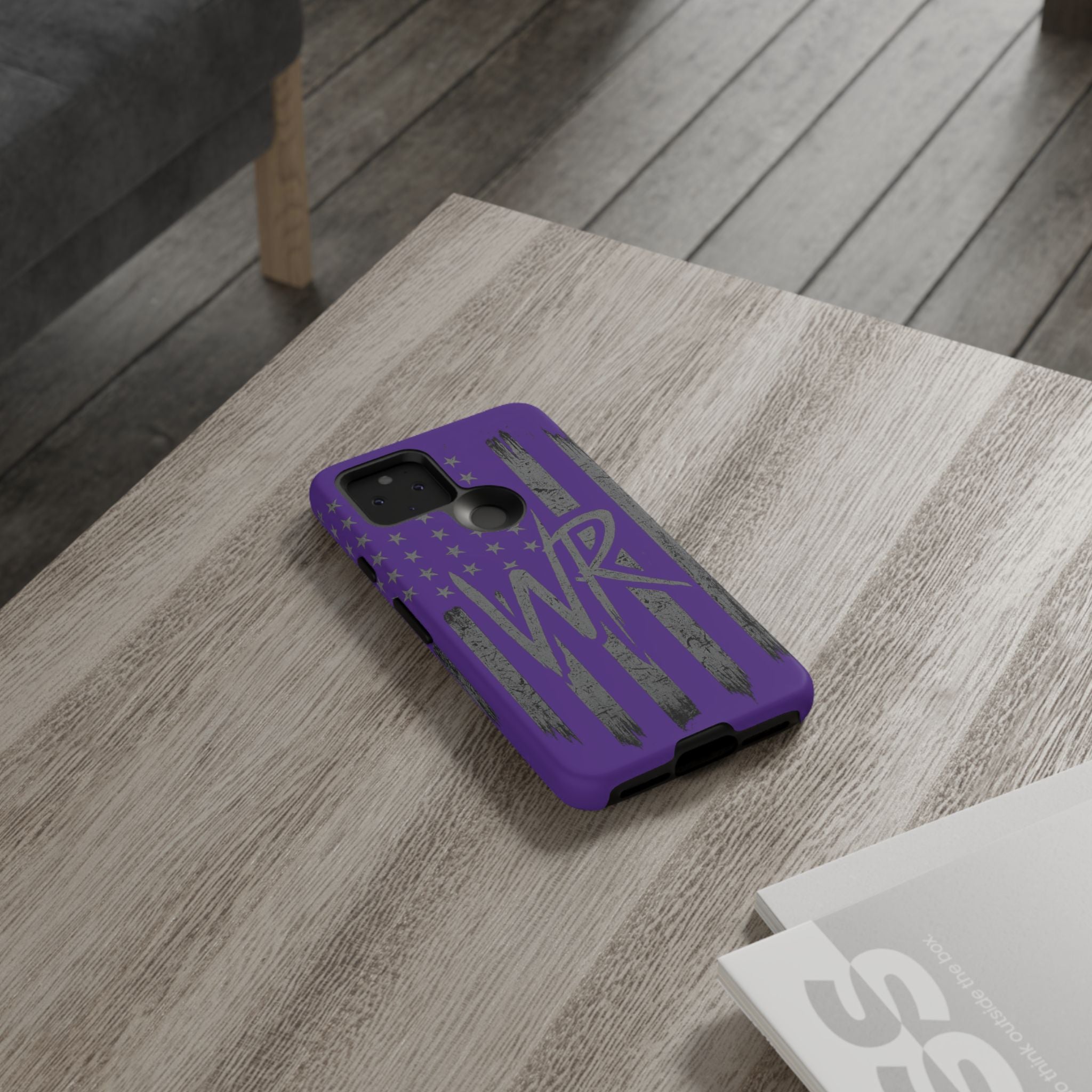 Purple 'WR' flag tough phone case by Printify, showcasing durable design with vibrant colors and precise cutouts.