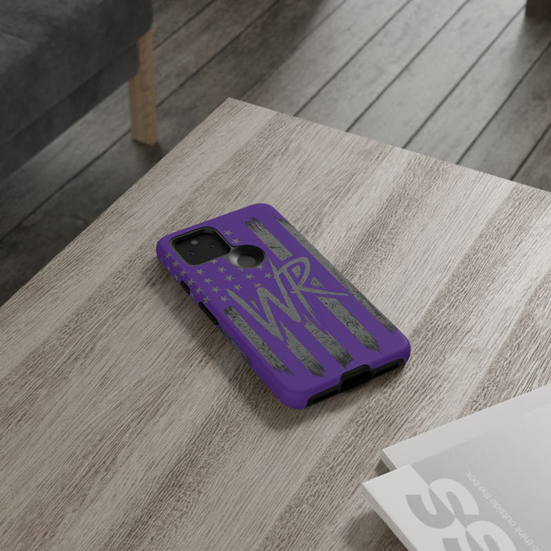 Purple 'WR' flag tough phone case by Printify, showcasing durable design with vibrant colors and precise cutouts.