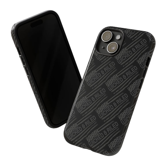 Rugged black protective phone case by Printify with a textured "TOUGH CASES" pattern.