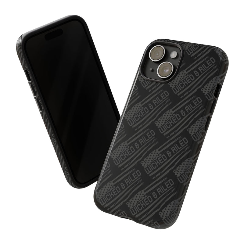 Rugged black protective phone case by Printify with a textured "TOUGH CASES" pattern.