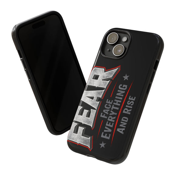 Fear phone case by Printify featuring a motivational design with the phrase "Face Everything and Rise" on a sleek background.