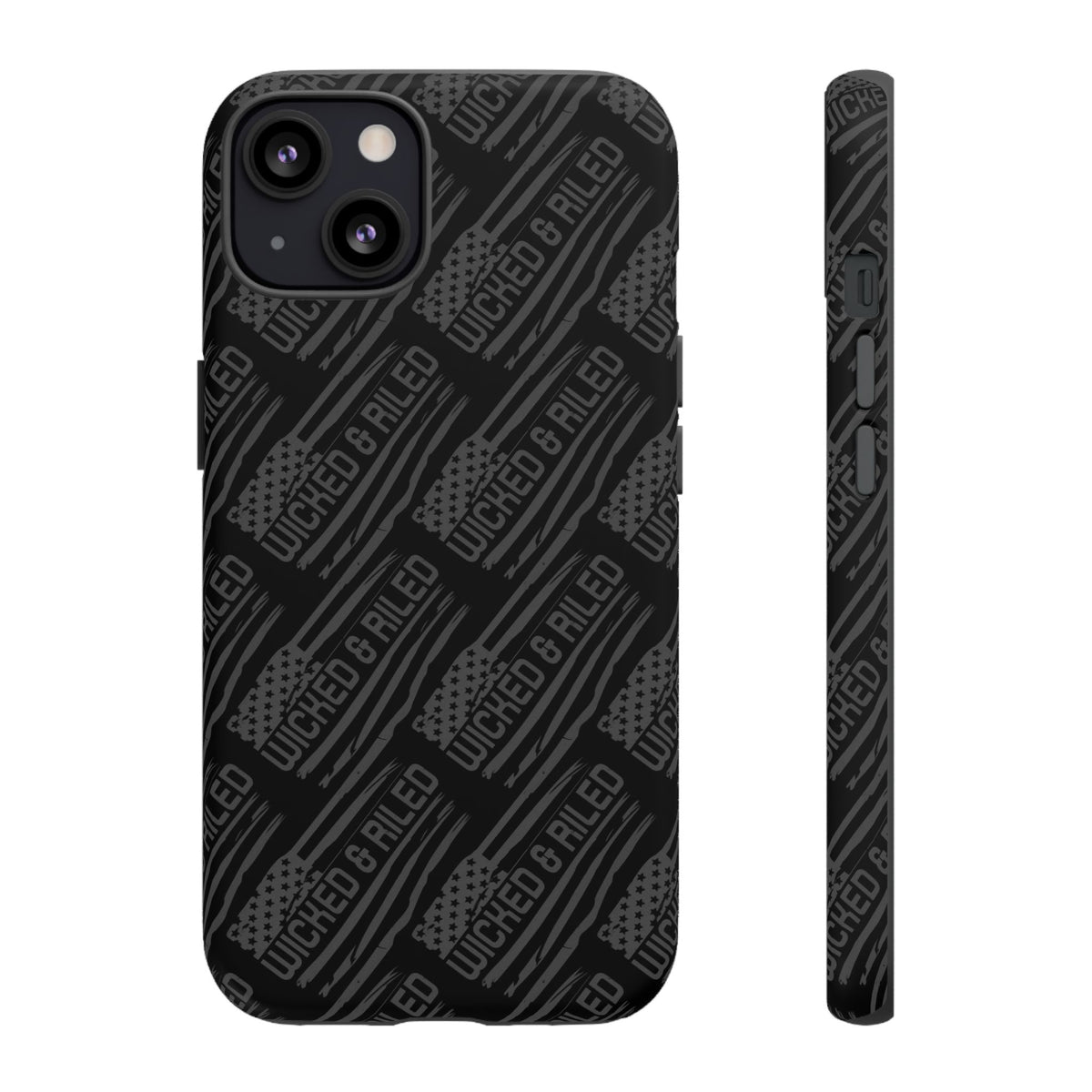 Rugged black protective phone case by Printify with a textured "TOUGH CASES" pattern for enhanced grip and durability.