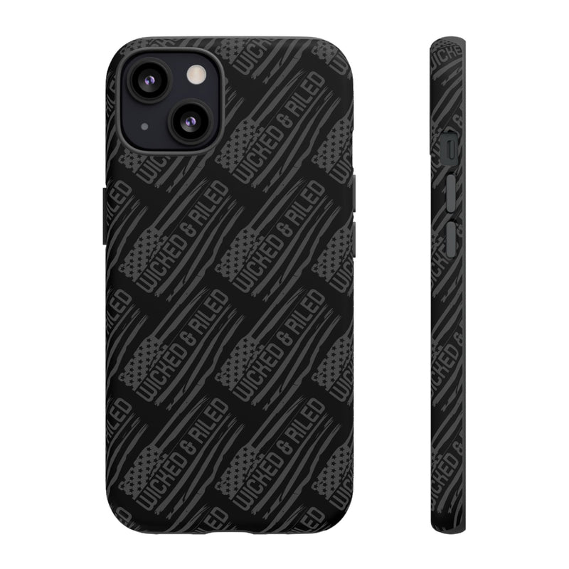 Rugged black protective phone case by Printify with a textured "TOUGH CASES" pattern for enhanced grip and durability.