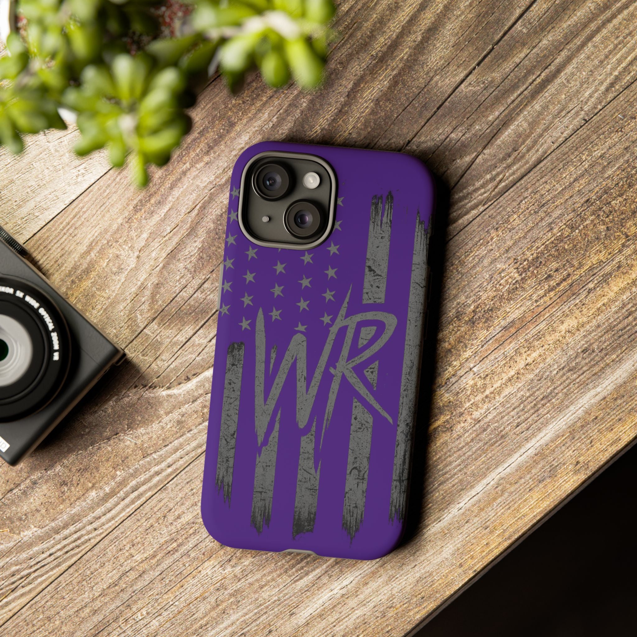 Purple 'WR' flag tough phone case by Printify, showcasing durable design and vibrant colors for protection and style.