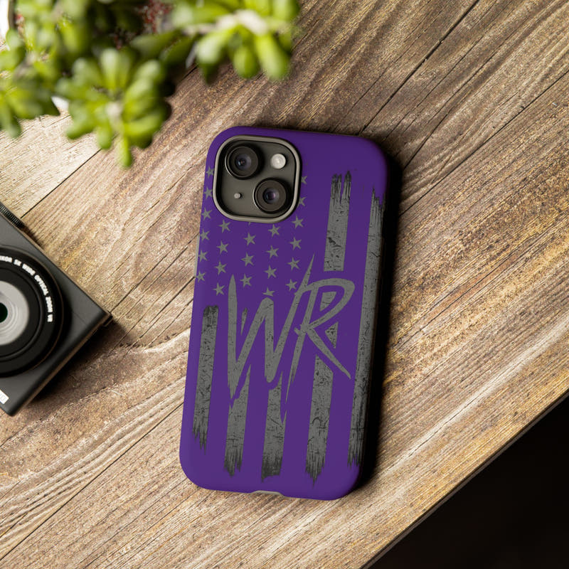 Purple 'WR' flag tough phone case by Printify, showcasing durable design and vibrant colors for protection and style.