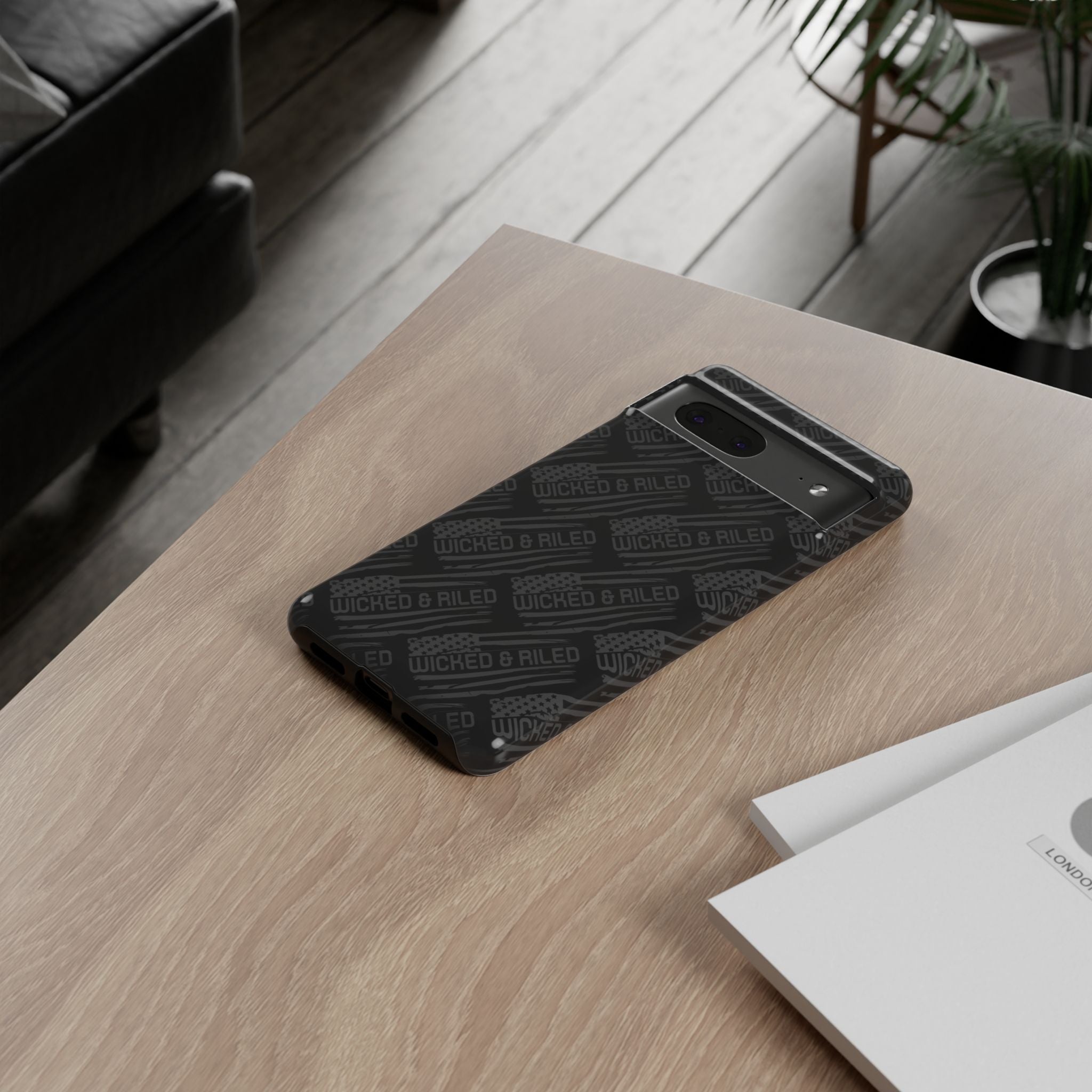 Rugged black protective phone case by Printify featuring a textured 'Tough Cases' pattern for enhanced grip and durability.