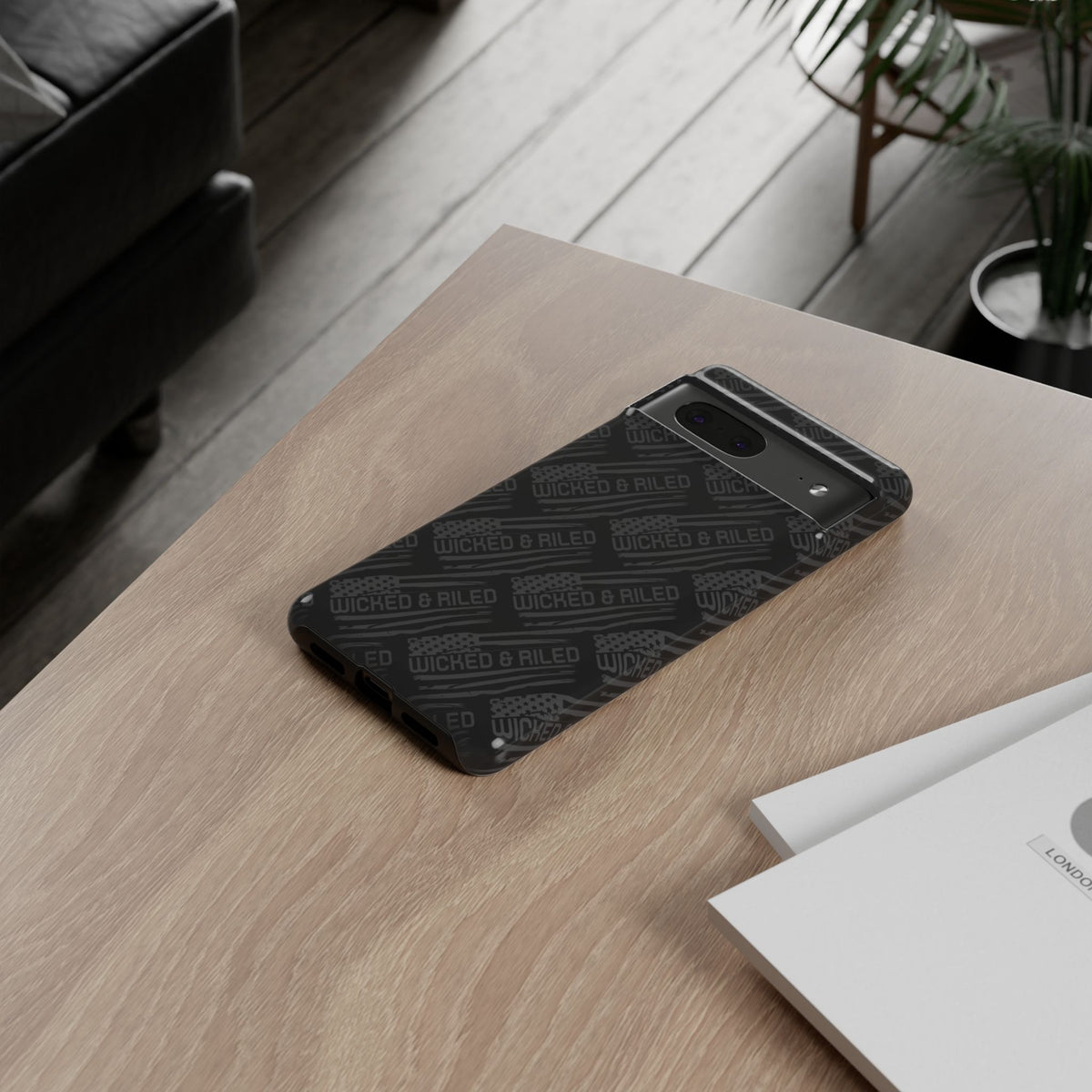 Rugged black protective phone case by Printify featuring a textured 'Tough Cases' pattern for enhanced grip and durability.